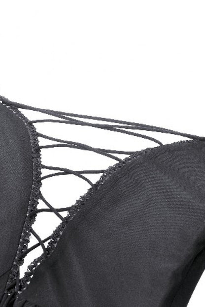 Black Off Shoulder Boat Neck Multi-Layered Long Trumpet Sleeves Lace Spliced Tulle Lace-Up Women's Gothic Fantasy Dress