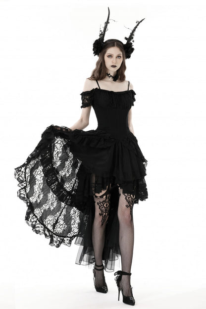 Black Boat Neck Off Shoulder Short Puff Sleeves Ruffled Lace Lace-Up Irregular Women's Gothic Dovetail Dress