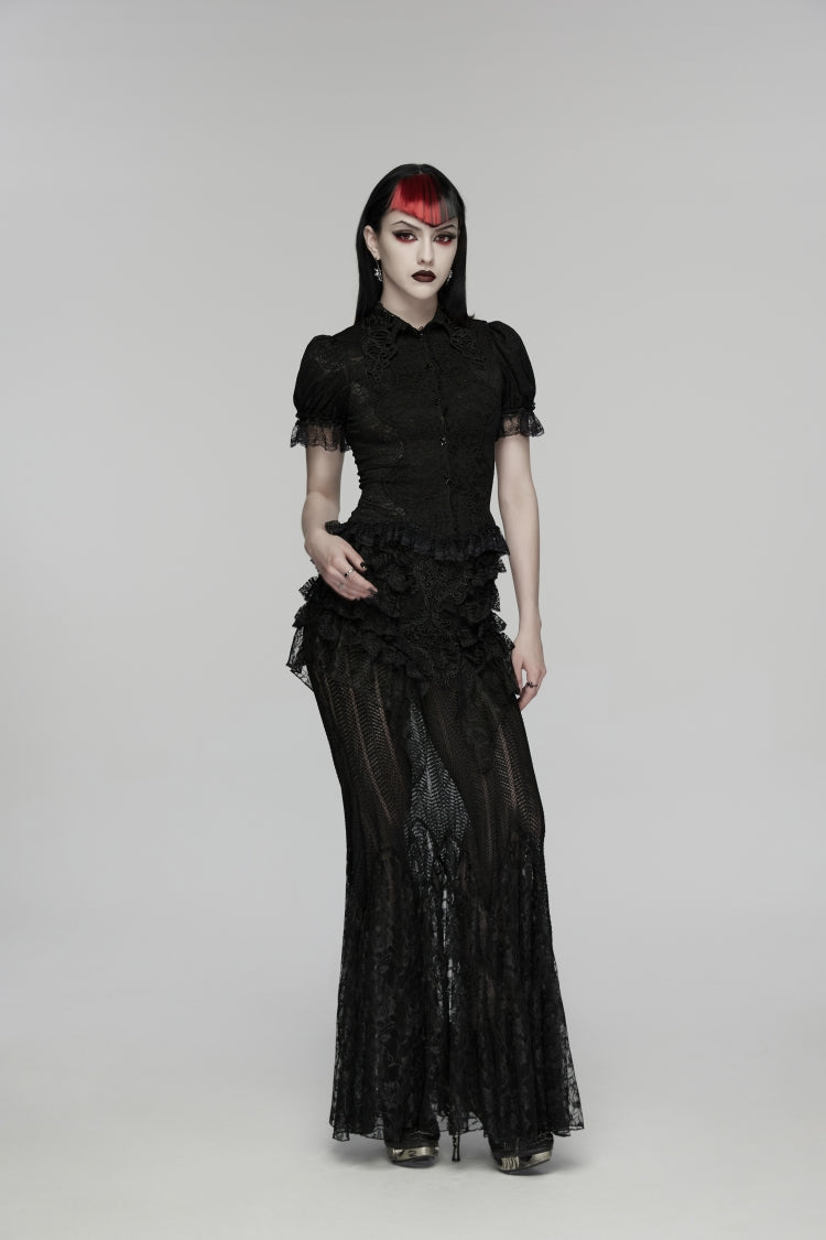 Black Embroidered Spliced Ruffled Lace Slim Mesh Women's Gothic  Mermaid Skirt
