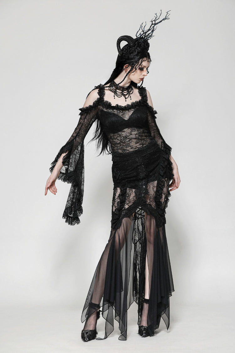 Black Lace-Up Mesh Spliced Lace Women's Gothic Fishtailed Skirt