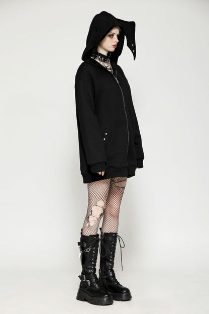 Black Long Sleeves Zippered Women's Gothic Batwing Hoodie