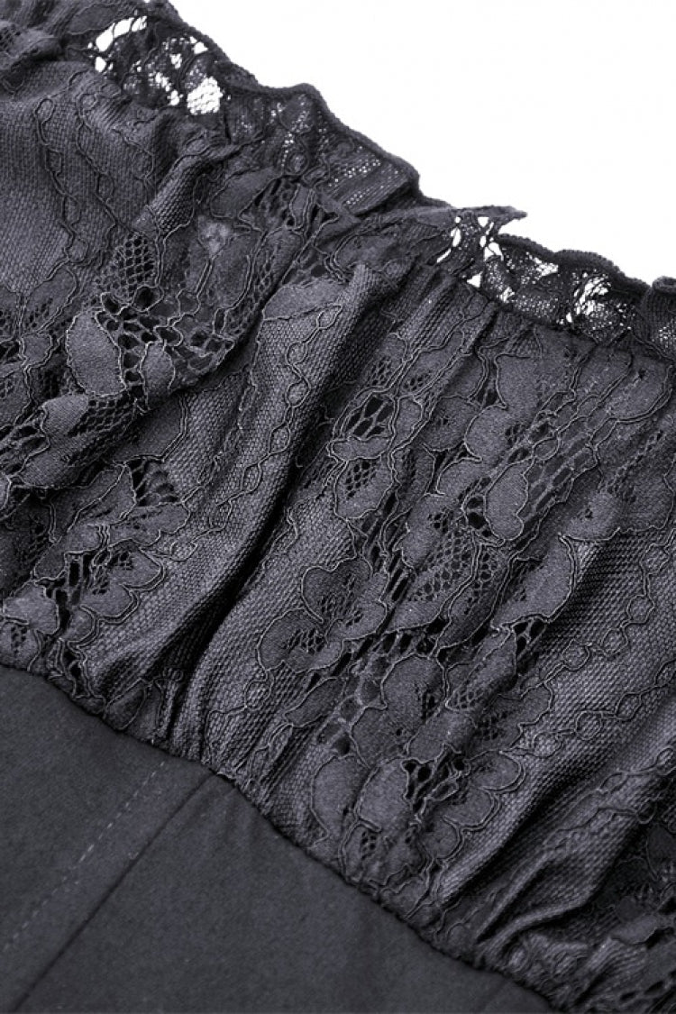 Black Boat Neck Off Shoulder Short Puff Sleeves Ruffled Lace Lace-Up Irregular Women's Gothic Dovetail Dress