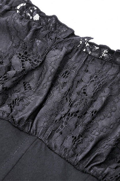 Black Boat Neck Off Shoulder Short Puff Sleeves Ruffled Lace Lace-Up Irregular Women's Gothic Dovetail Dress