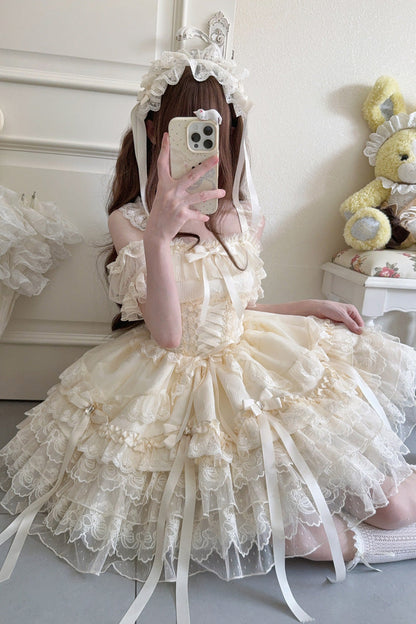 Apricot [Ribbon Heart Love] Sleeveless Multi-Layered Ruffle Bowknot Lace Lace-Up Sweet Princess Ballet Lolita Jsk Dress