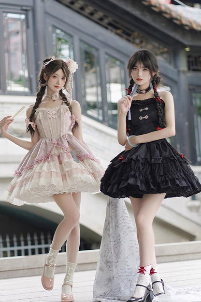 Black Bamboo Leaves Print Ruffle Lace Gothic Chinese Style Lolita Skirt