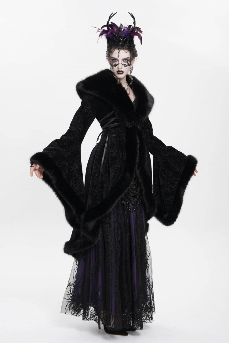 Black Long Sleeves Floral Embroidery Women's Gothic Fluffy Coat