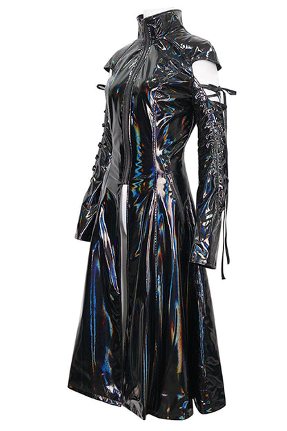 Black Lace Up Mesh Splice Patent Leather Long Women's Punk Coat