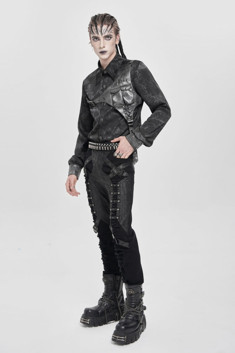 Black Long Sleeves Print Stitching Asymmetric Bullet Men's Punk Blouse