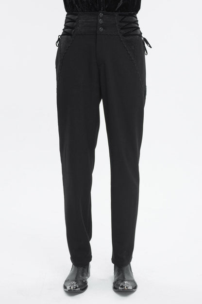 Black Lace Trim Embellished High Waisted Men's Gothic Pants