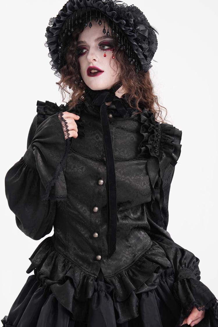 Black Long Sleeves Print Ruffle Lace Women's Gothic Blouse