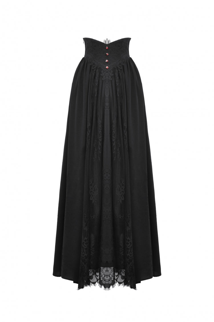 Black High Waisted Heart Embroidered Lace Women's Gothic Maxi Skirt