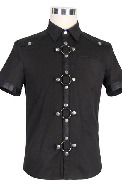 Black Locomotive Lapel Collar Short Sleeves Cotton Mens Punk Blouse