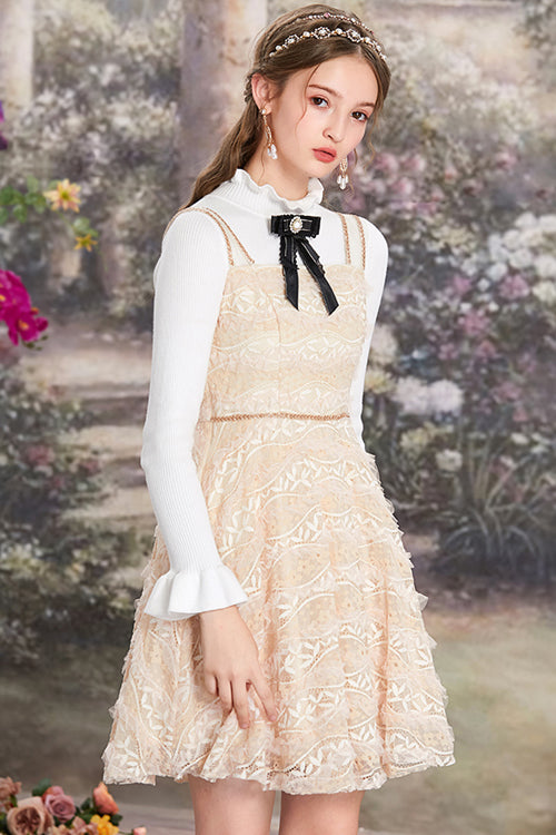 Beige Elegant Lace Embroidered High Waisted Sweet Lolita JSK Dress