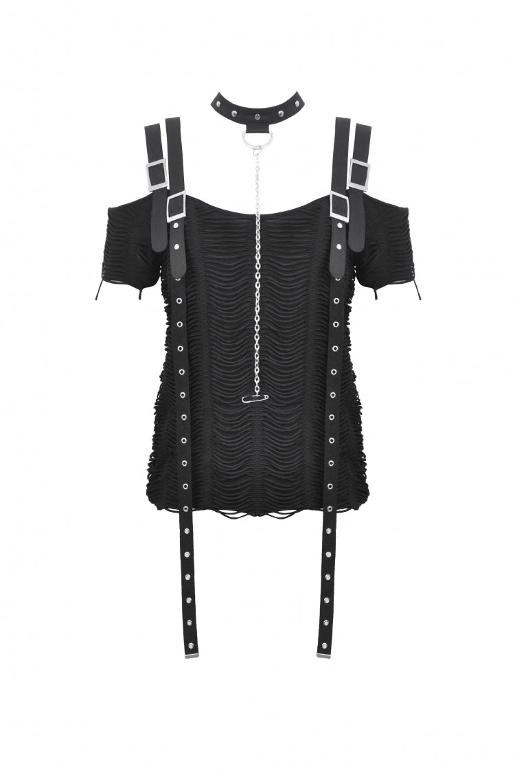 Black Off Shoulder Short Sleeves Ripped Buckled Women's Gothic T-Shirt with Detachable Choker