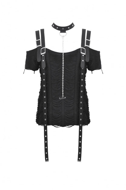 Black Off Shoulder Short Sleeves Ripped Buckled Women's Gothic T-Shirt with Detachable Choker