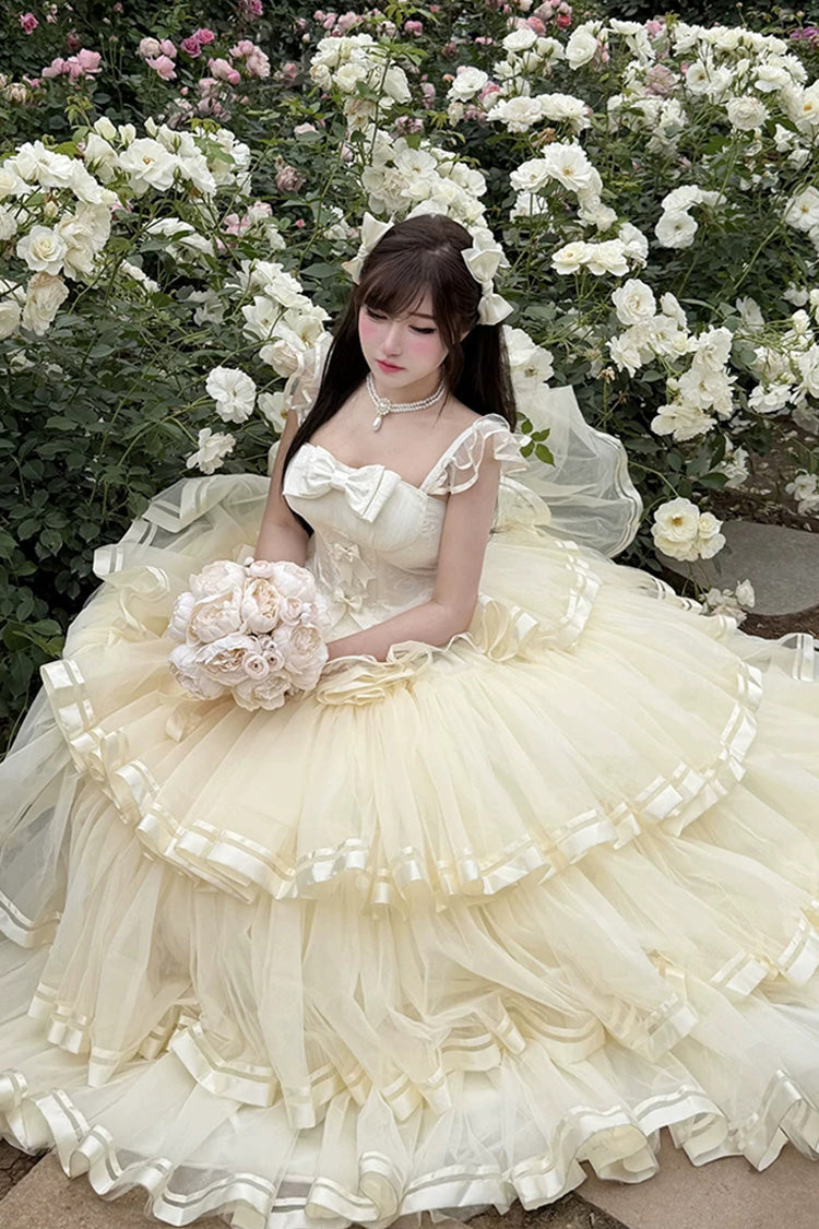 Apricot [Sweet Organza Satin] Sleeveless Multi-Layered Ruffled Hanayome Bow Lace Sweet Elegant Princess Lolita Jsk Dress
