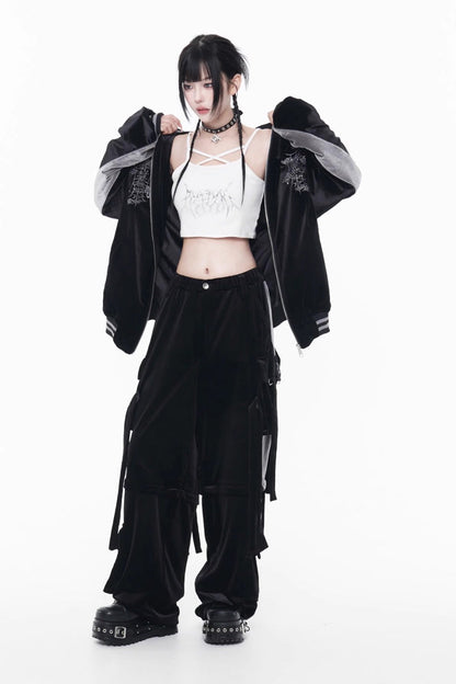 Black Long Sleeves Print Embroidery Gothic Jirai Kei Chinese Style Japanese Coat