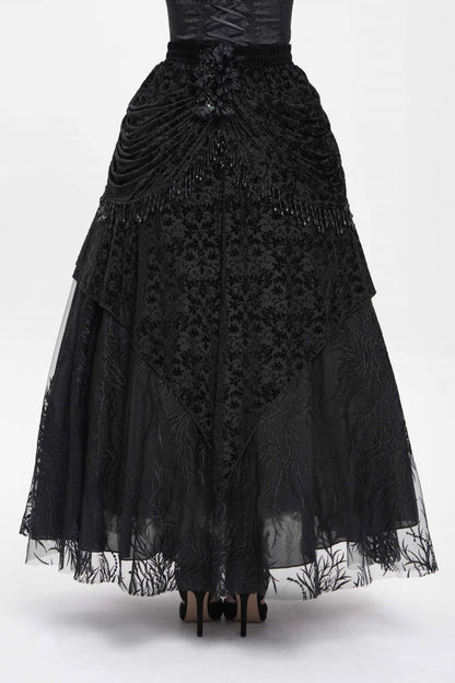 Black Floral Embroidered Beaded Women's Gothic Long Skirt