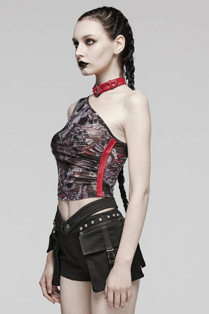 Asymmetrical Off Shoulder Sleeveless Print Womens Steampunk Halter Vest 2 Colors