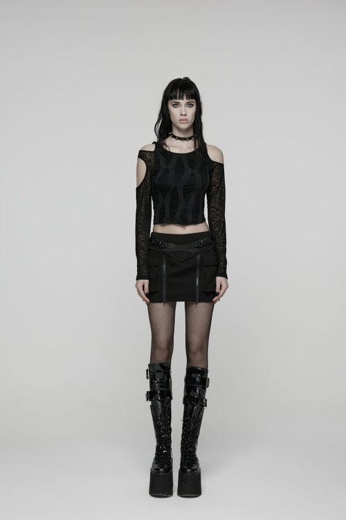 Black Lace-Up Zippered Women's Punk Cool  Big Pockets Techwear Skirt
