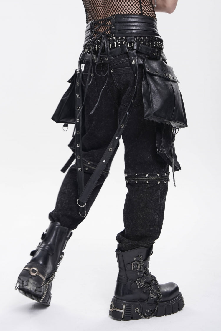 Black Lace-Up Studded Buckled Zippered Eyelet Men's Punk Cool Accessory with Pouches