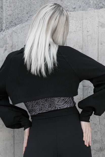 Black Metal Double Zipper Round Collar Long Sleeves Women's Gothic Coat