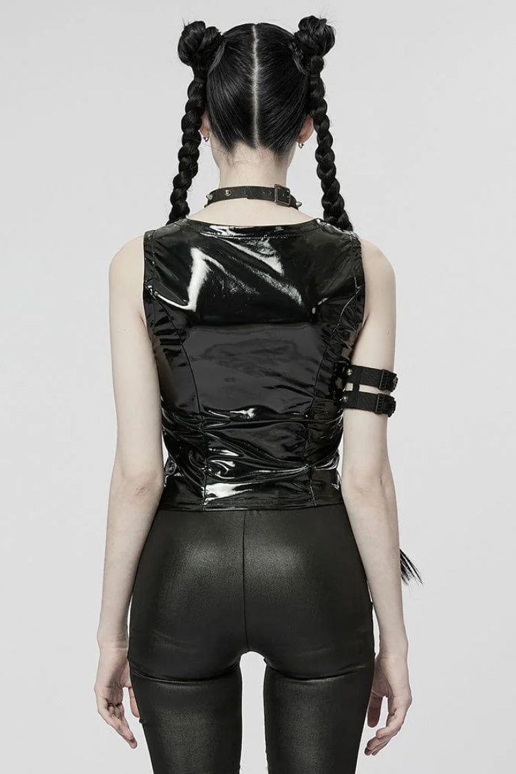 Black Patent Leather Hollow Slim Womens Steampunk Vest