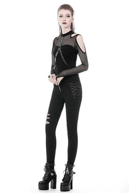 Black Off Shoulder Long Sleeves Mesh Crossed Harness Straps Eyelet Sexy Women's Punk Top