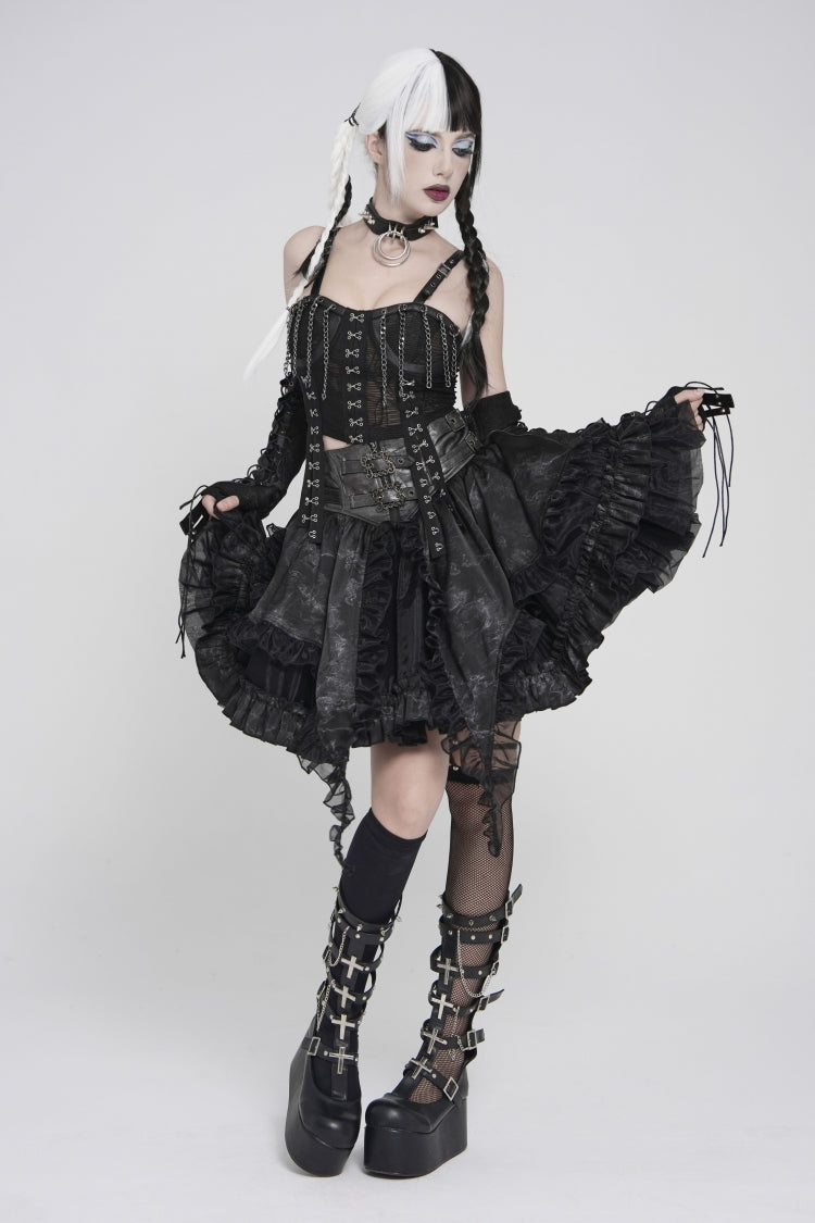 Black Multi-Layered Printed Spliced Lace Lace-Up Buckled Pleated Eyelet Women's Gothic Skirt