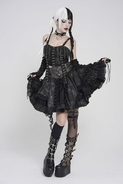 Black Multi-Layered Printed Spliced Lace Lace-Up Buckled Pleated Eyelet Women's Gothic Skirt