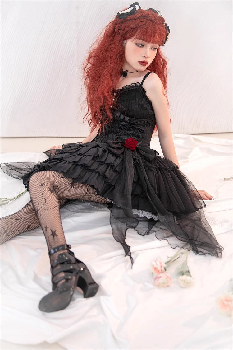 Black High Waisted Multi-layer Rose Bowknot Lace-Up Gothic Lolita Jsk Dress