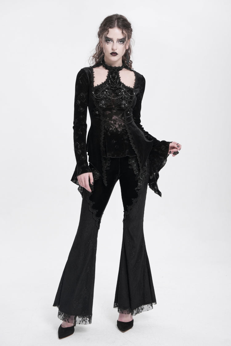 Black Halterneck Long Trumpet Sleeves Jacquard Embroidery Women's Gothic Blouse