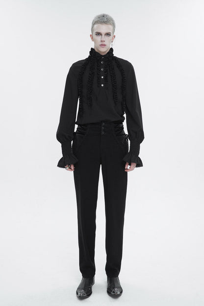 Black Irregular Stand Collar Puff Sleeved Ruffled Men's Gothic Shirt