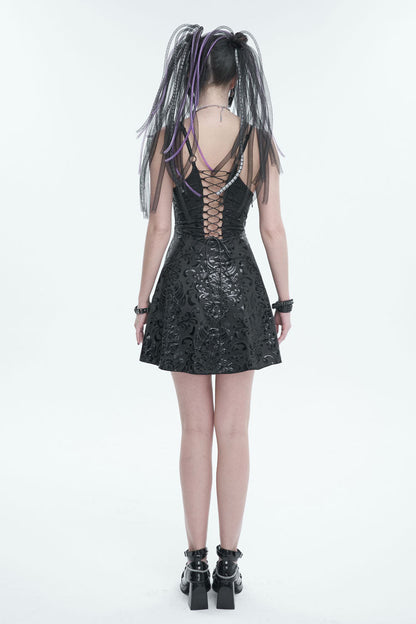 Black Pentagram Embossed Panel Mesh Rope Cutout Women's Gothic Dress
