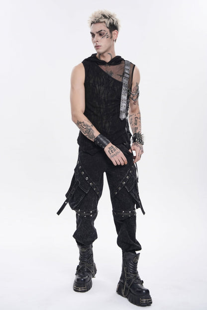 Black Hooded Sheer Asymmetric Chain-Decorated Men's Punk Hooded Vest