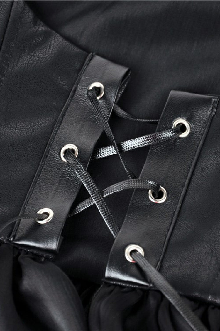 Black Chiffon Sleeveless Cut-Out Chest Irregular Hem Lace-Up Buckled Women's Punk Jacket