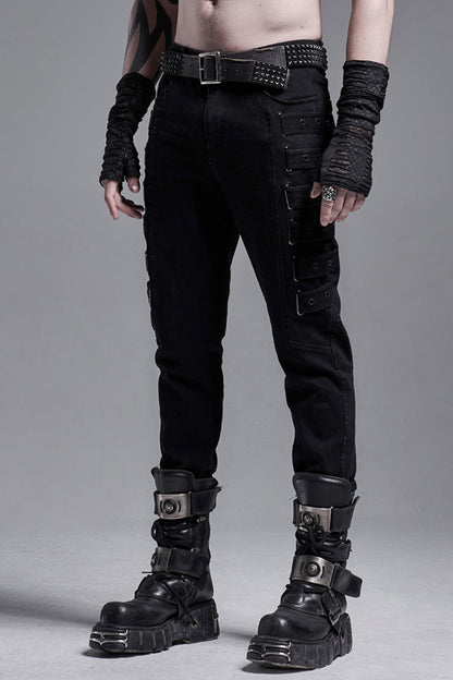 Black Buckle Zipper Men's Gothic Fitted Pants