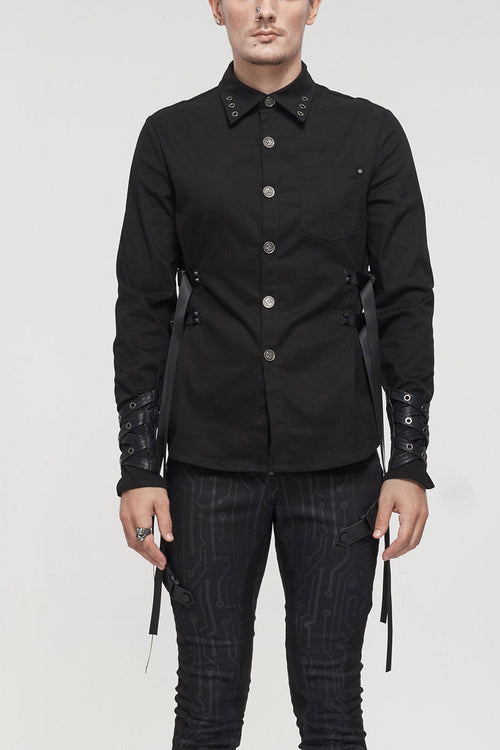 Black Nylon Strap Metal Buckle Decoration Long Sleeve Elasticity Men's Punk Shirt