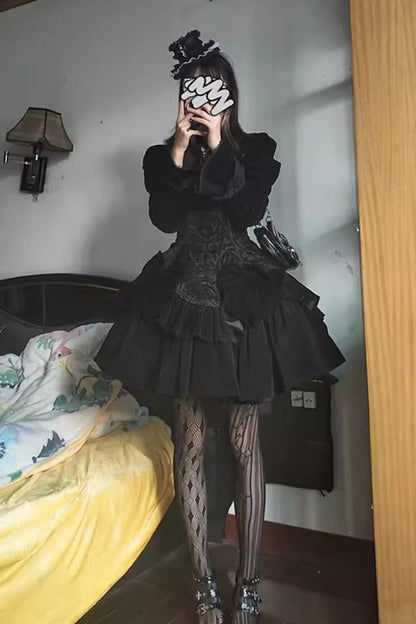 Black Long Sleeves Jacquard Print Ruffle Classic Gothic Lolita Dress