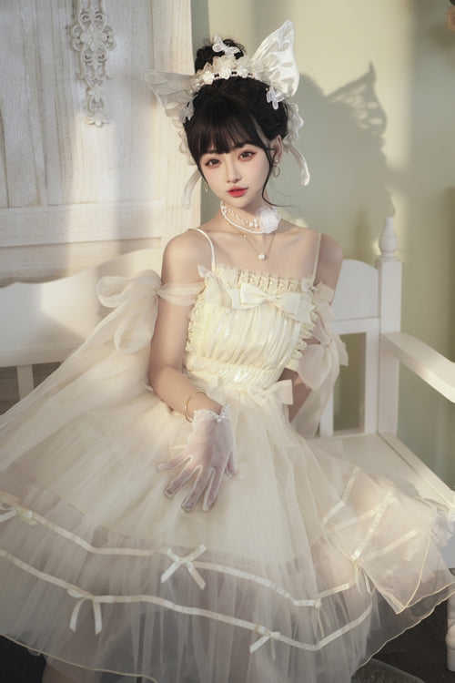 Beige Small Ballet High Waisted Bowknot Chiffon Long Version Sweet Lolita JSK Dress