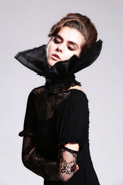 Black Organza Lace Velveteen Women's Gothic Stand Up Collar
