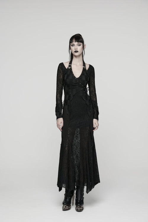 Black Off Shoulder Halterneck Long Trumpet Sleeves Hanayome Lace Lace-Up Women's Punk Dress