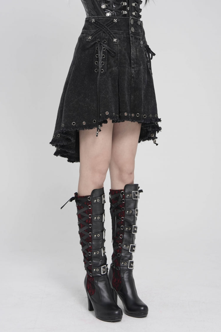 Black Lace-Up Pleated Eyelet Women's Punk Skirt