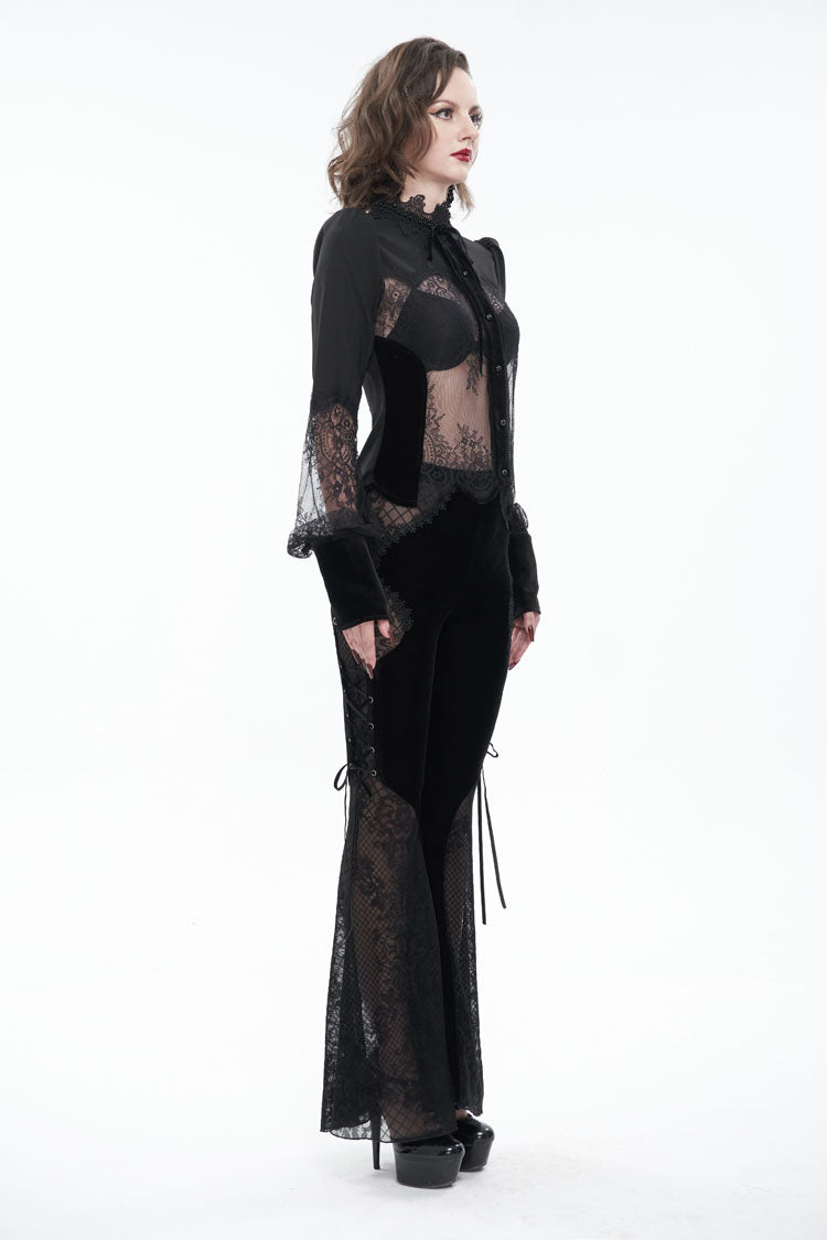 Black High Collar Translucent Lace Patchwork Bow Decoration Long Sleeve Women's Gothic Shirt