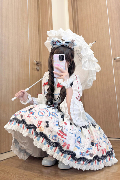 Beige [Mystery Rabbit Tea Party] Sleeveless Print Ruffle Bowknot Lace Sweet Lolita Jsk Dress
