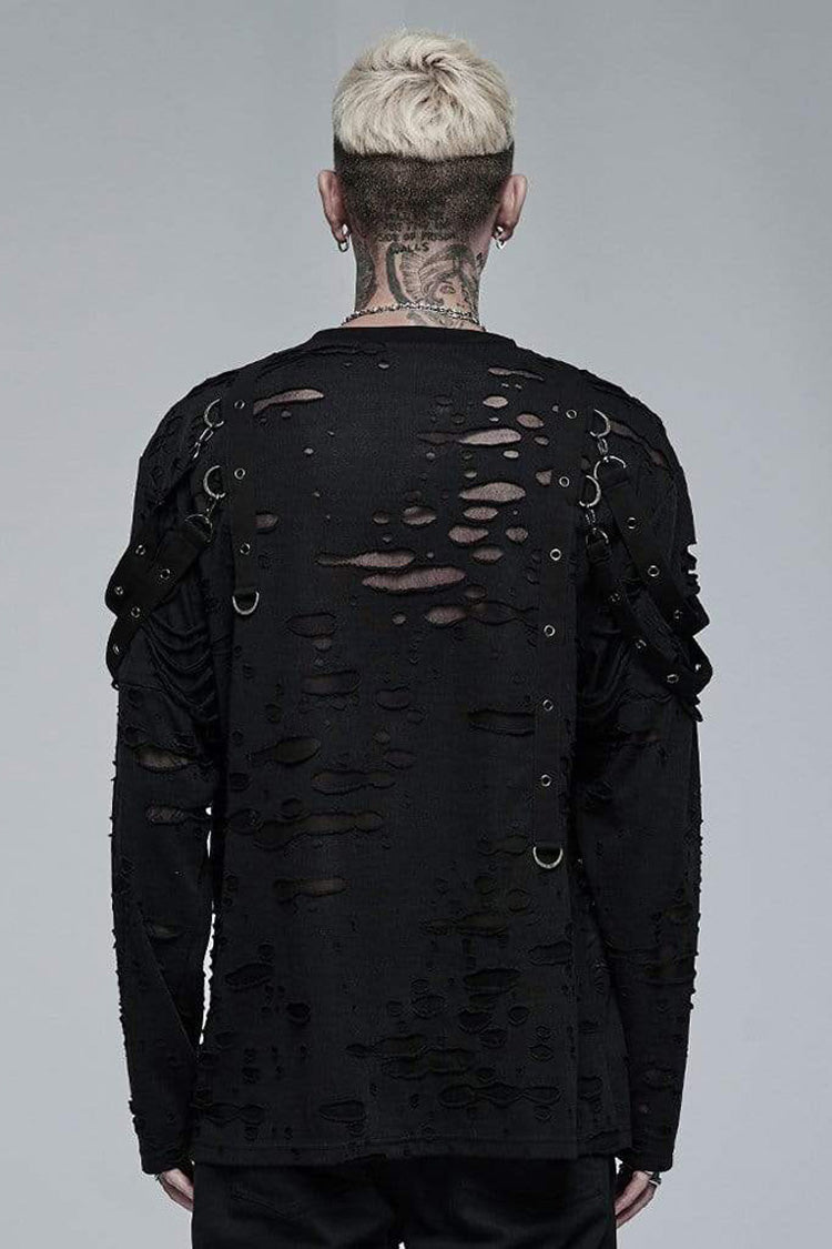 Black Gothic Broken Holes Knitted Fabric Stitching Metal Buckle Detachable Decorative Tape Long Sleeve Men's T-Shirt
