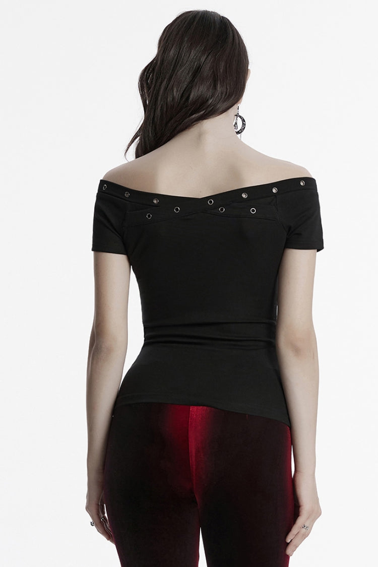 Black Off Shoulder Short Sleeves Eyelet Straps Women's Gothic Blouse