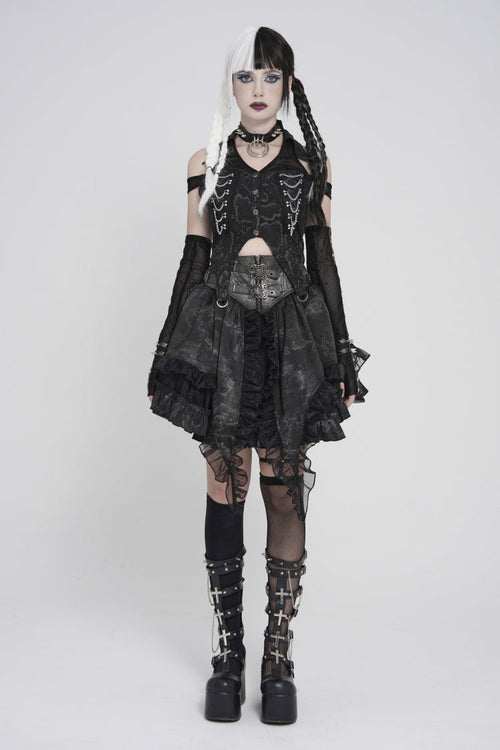 Black Off Shoulder Lace-Up Irregular Chain-Decorated Women's Punk Vest
