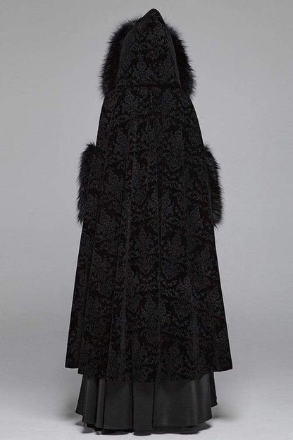 Black Fur Hood Front Fuzzy Ball Bandage Long Women's Gothic Cloak