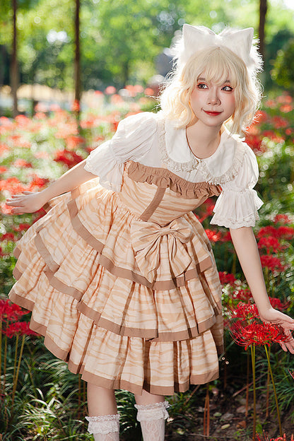 Apricot [Cloth Cat] Triple-Layered Print Ruffle Bowknot Sweet Lolita Dress
